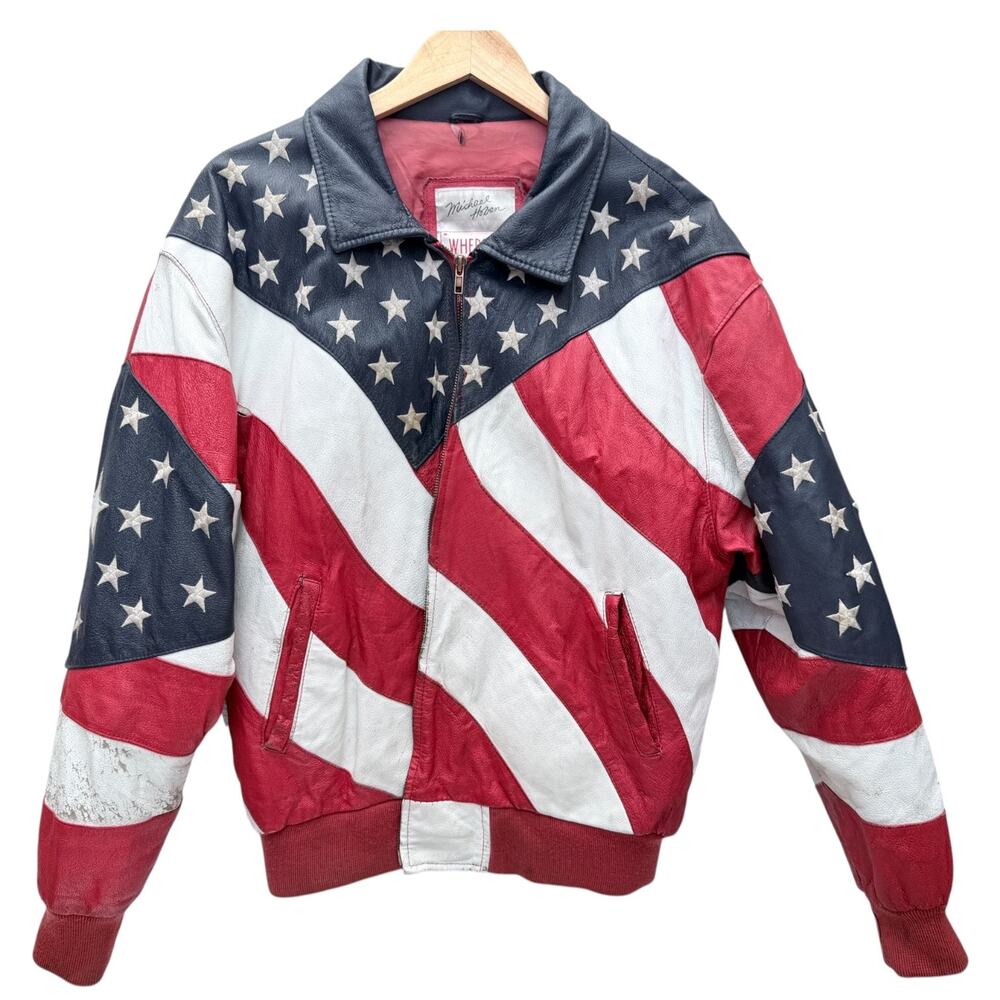 Vintage Michael Hoban Where Mi USA Flag Leather Jacket Mens L Distressed Biker